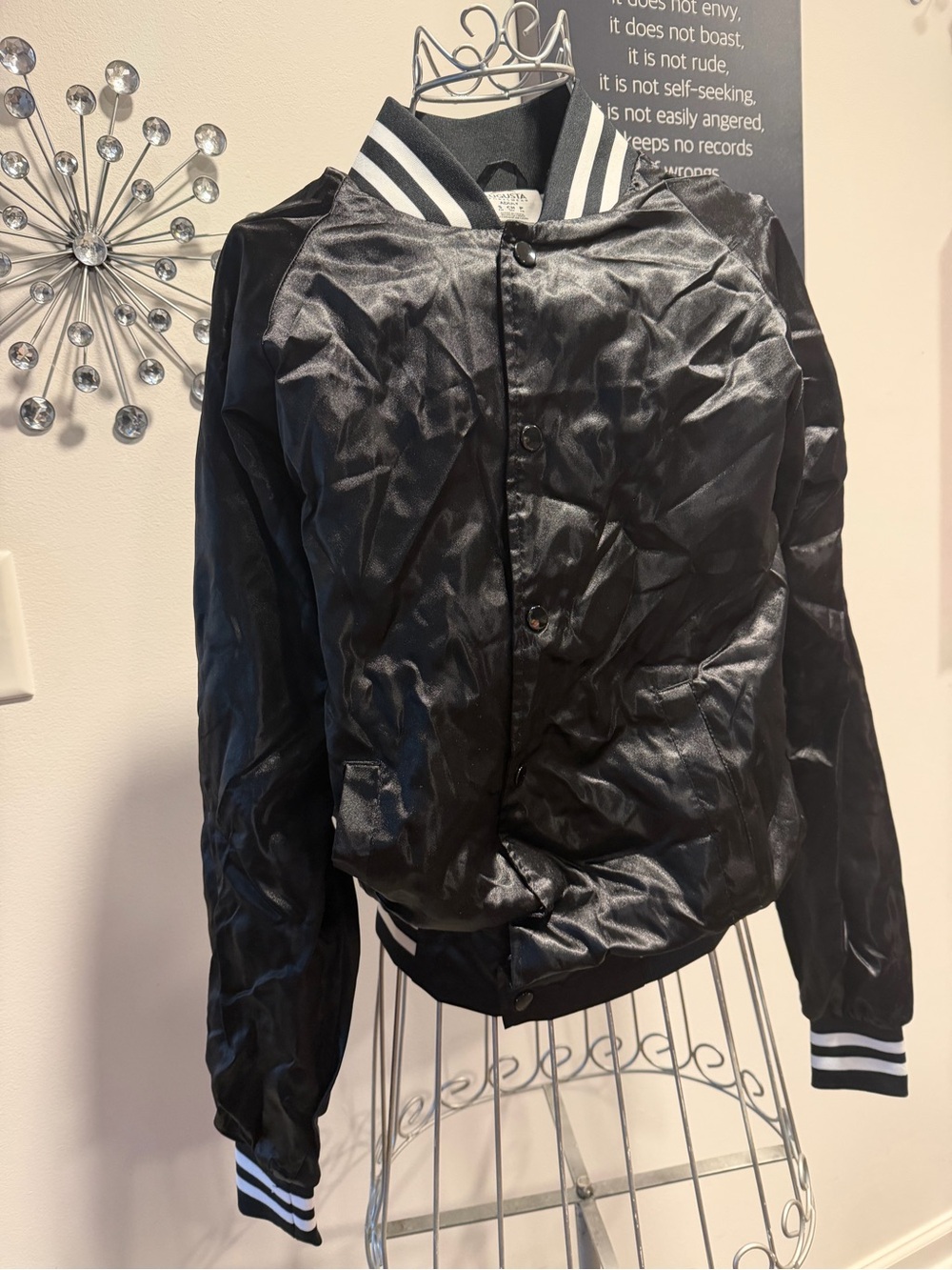 Black "Cowgirl Social Club" Bomber Jacket with Striped Trim Size S